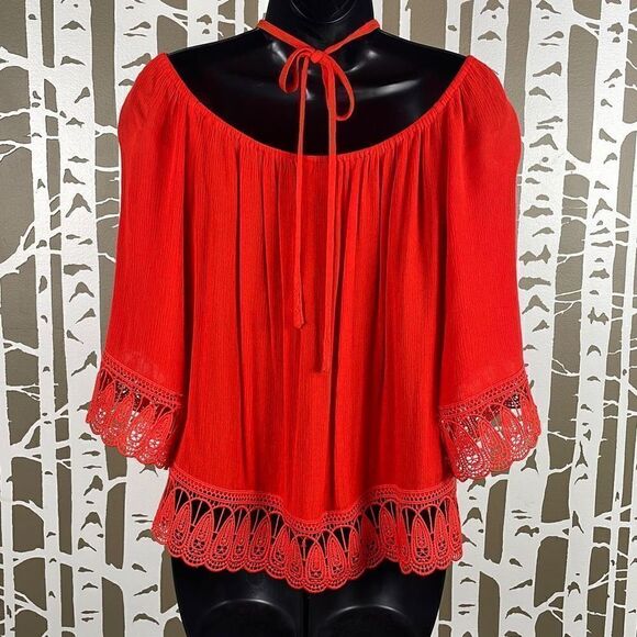 Cato Bright Orange Gauze Embroidered Lace Trim Tie Neck Top S - Picture 4 of 9
